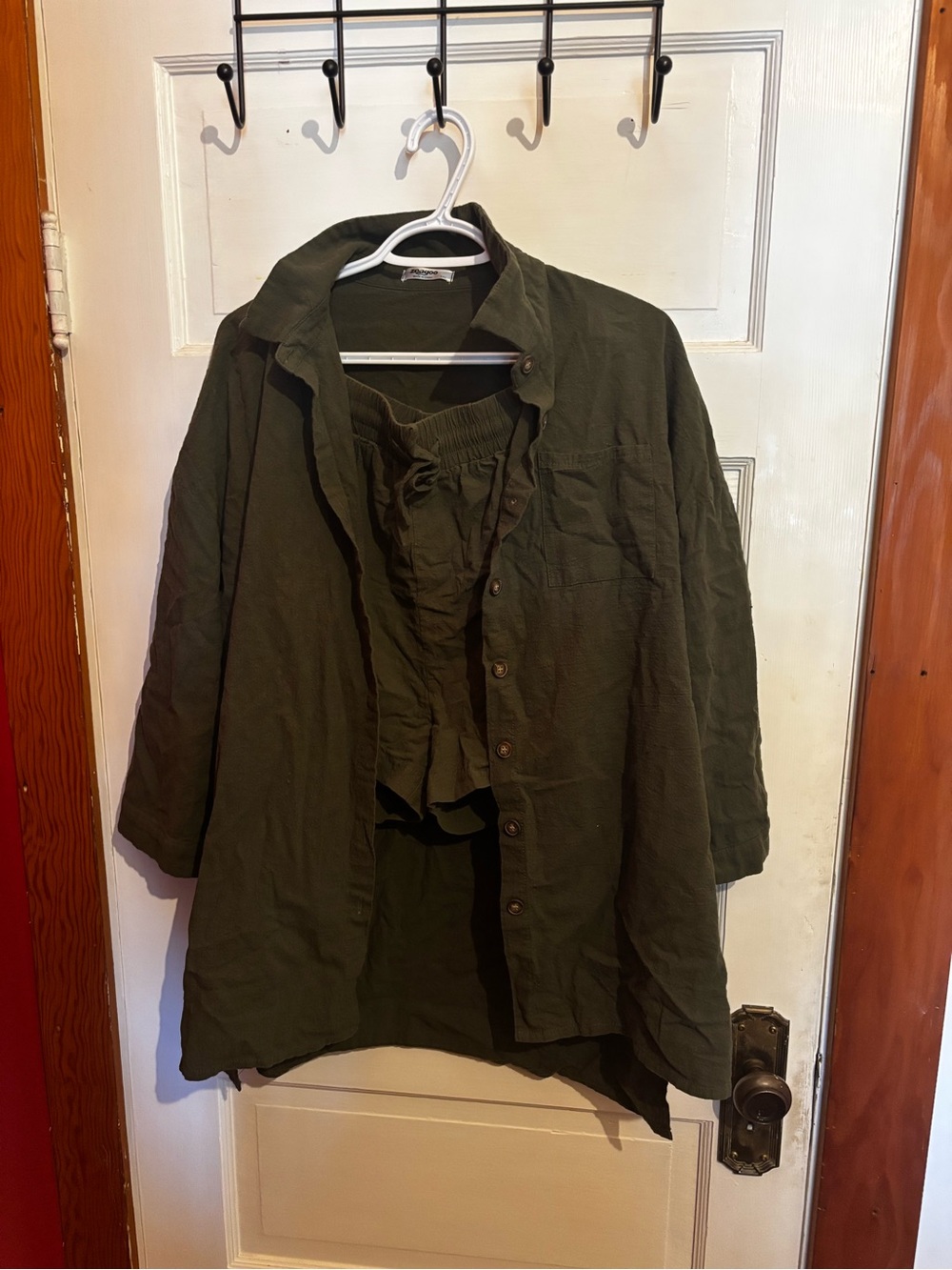 zeagoo Olive Green Casual Button-Up Top and Shorts Set